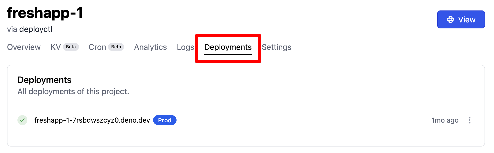 showing the deployments tab in the project dashboard